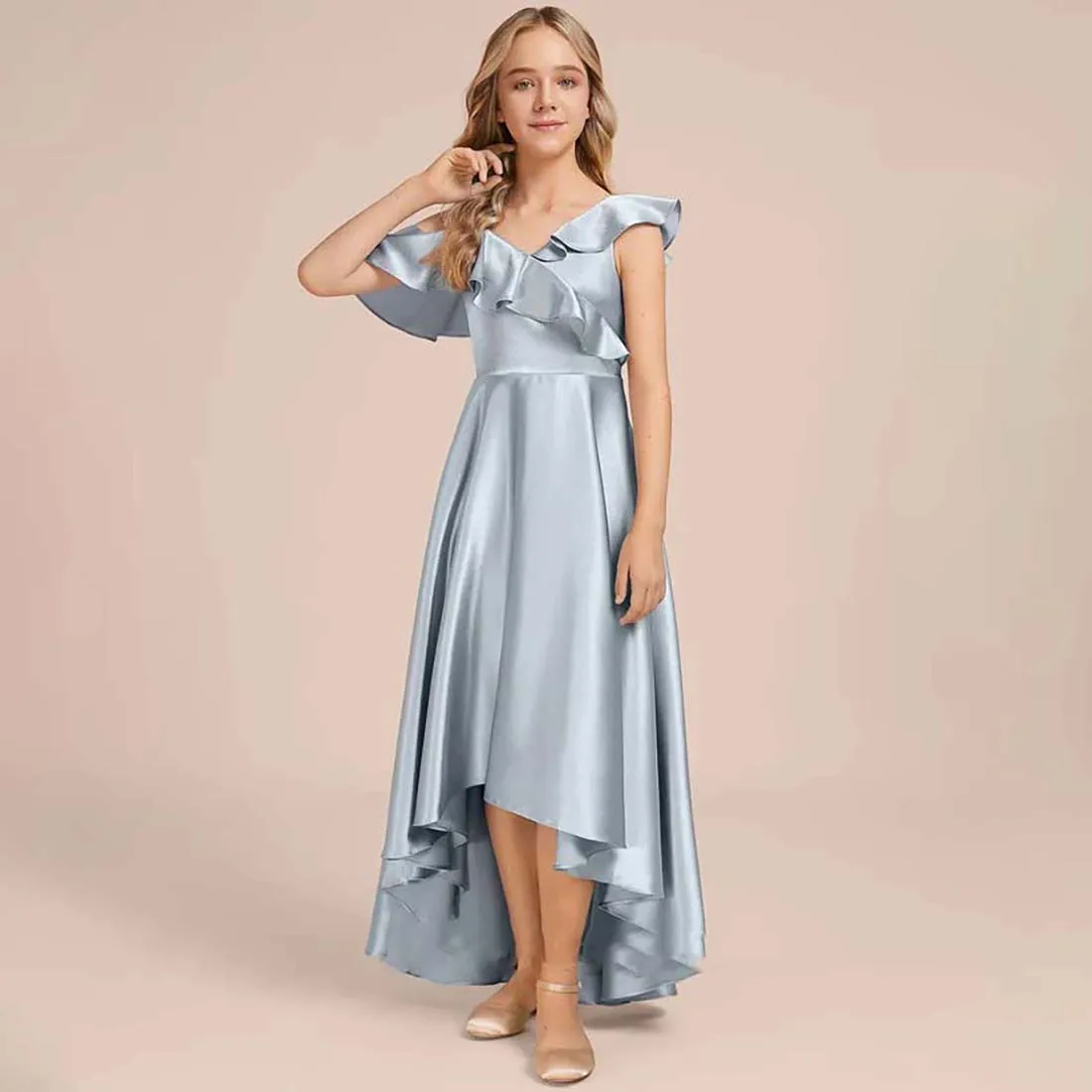 

GIOIO A-line Asymmetrical Asymmetrical Stretch Satin Junior Bridesmaid Dress