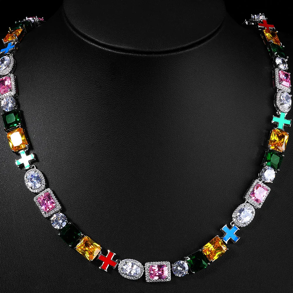 NY Hip Hop Jewelry Rainbow Zircon Necklace 18k Gold Plated Geometric Colorful Cross Link Chain Fashion for Women