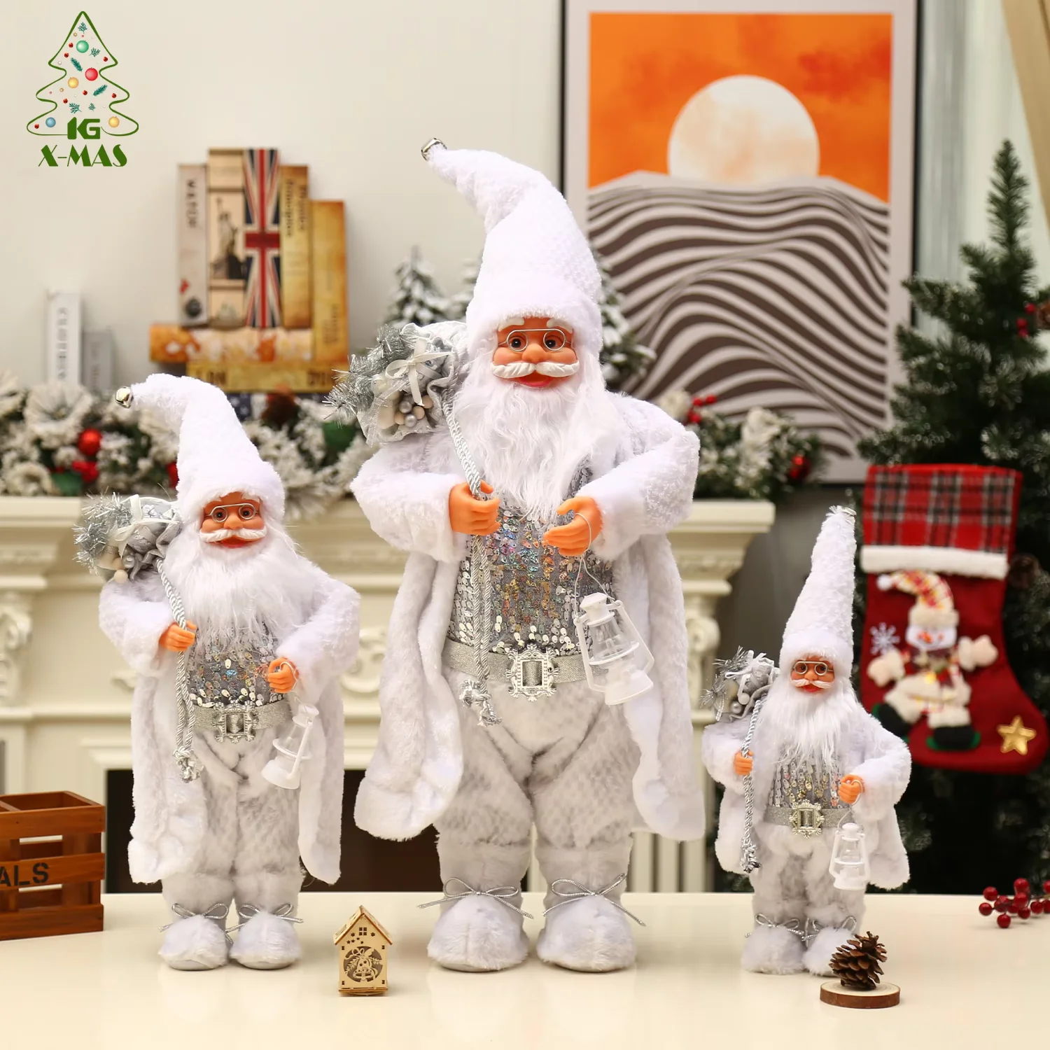 

Ready To Ship Papa Noel Pere Noel 30CM 45CM 60CM White Silver Santa Claus Figure Standing Christmas Santa Claus Figurine