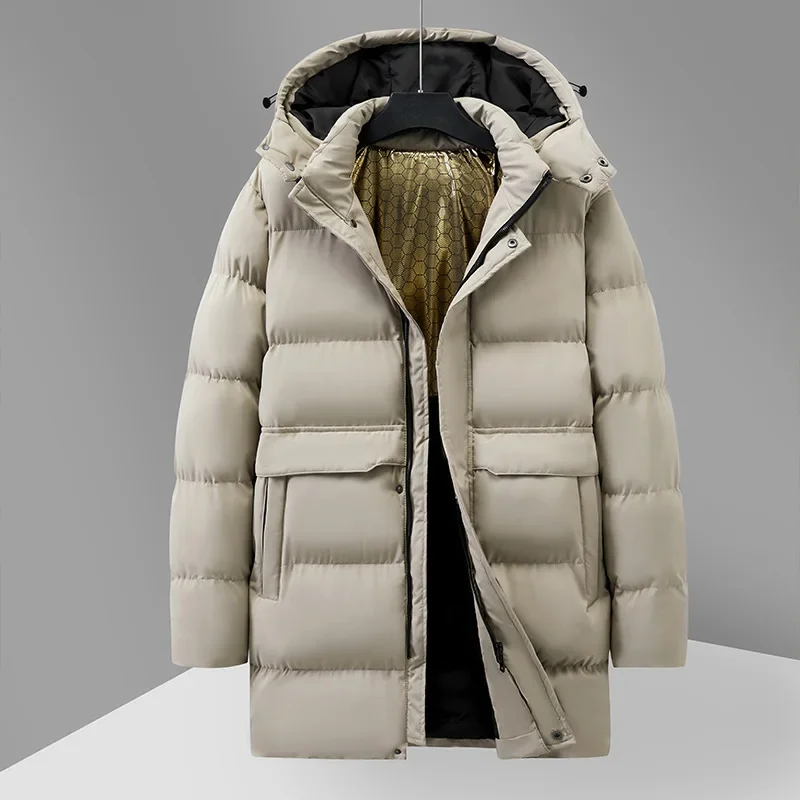 

Winter Men Jacket Thicken Windproof Stand Collar Male Down Coat Mid Length Long Sleeve Pocket Zipper Man Hooded Outerwear