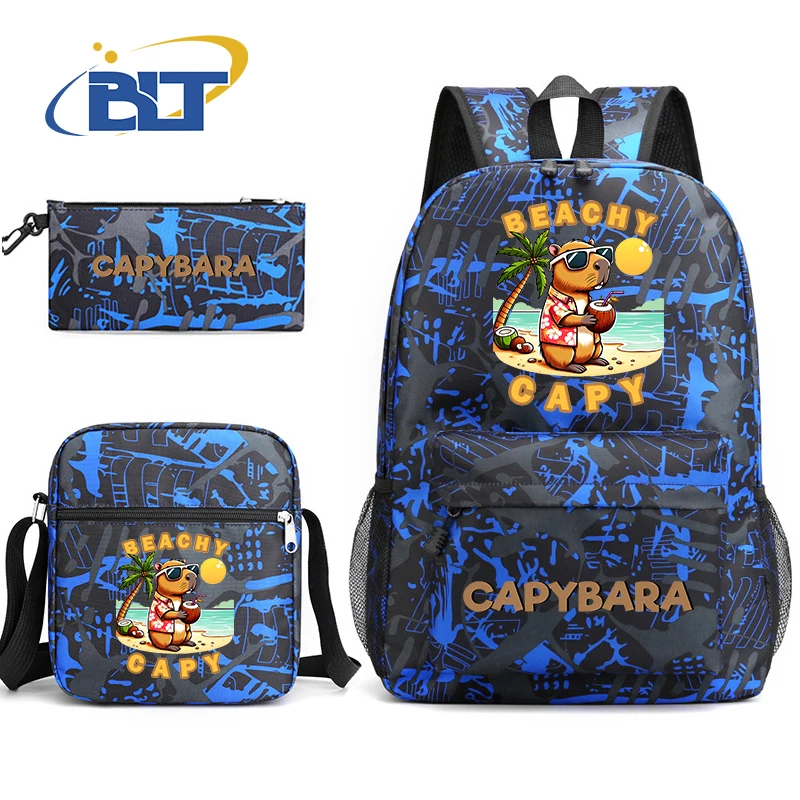 Capybara Cartoon Animal Print Mochila Set, Bolsa Escolar Estudante, Bolsa de Ombro, Lápis Case, Kids, Presente de Volta à Escola, Bonito, 3 Pcs