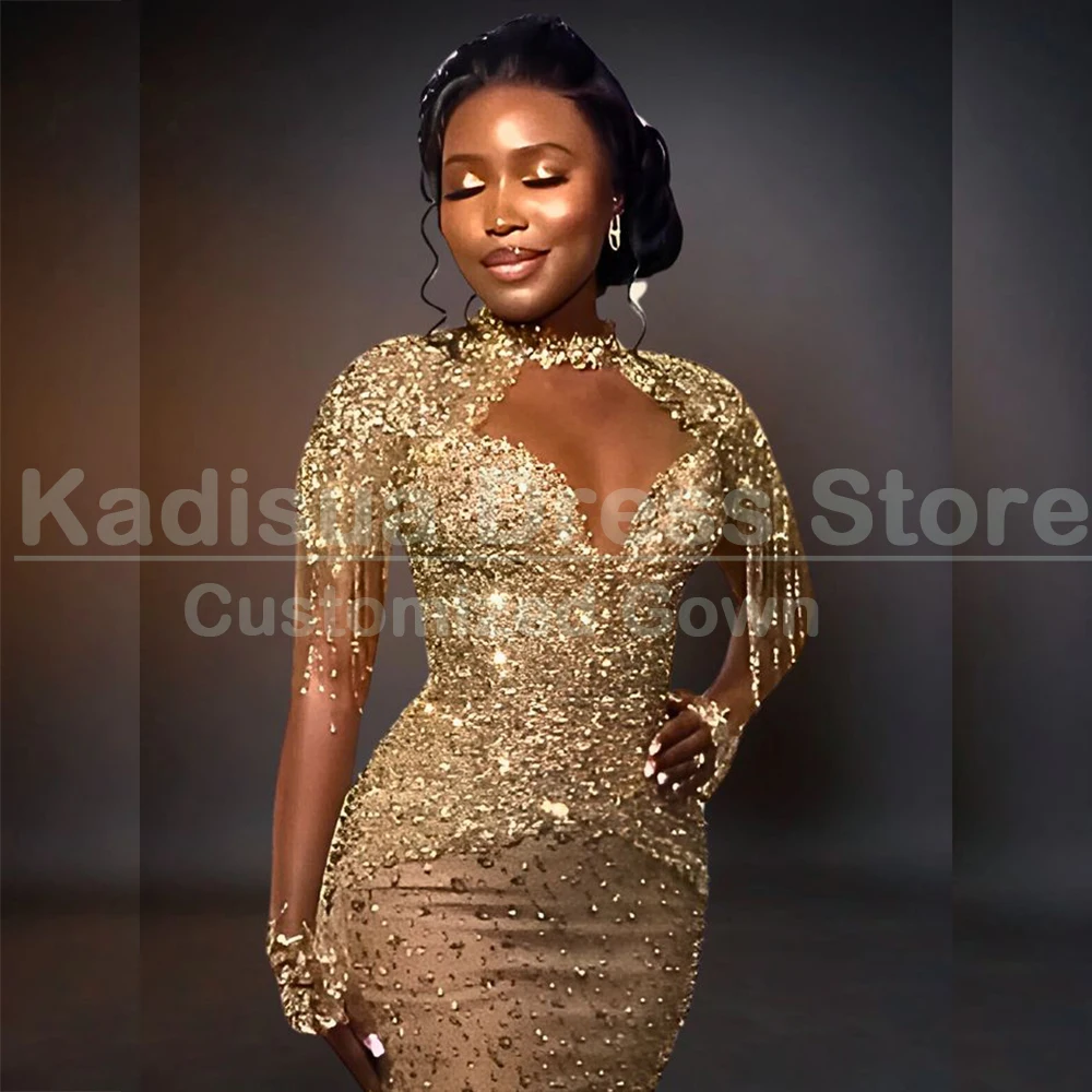 Exquisite Women Glden Evening Dresses Luxury Crystal Appliques Beading Tassel Mermaid Special Event Long Sleeve High Neck Gowns