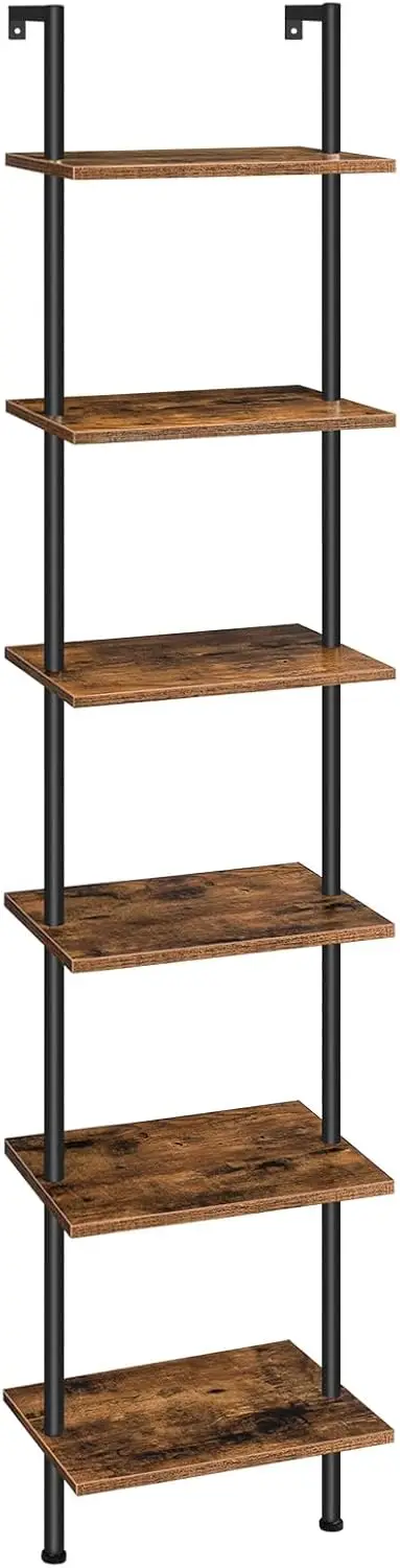 

6-Tier Wooden Wall Mounted Ladder Shelf, Narrow Bookcase for Living Room, Bedroom, Study, Balcony in Rustic Brown and Black