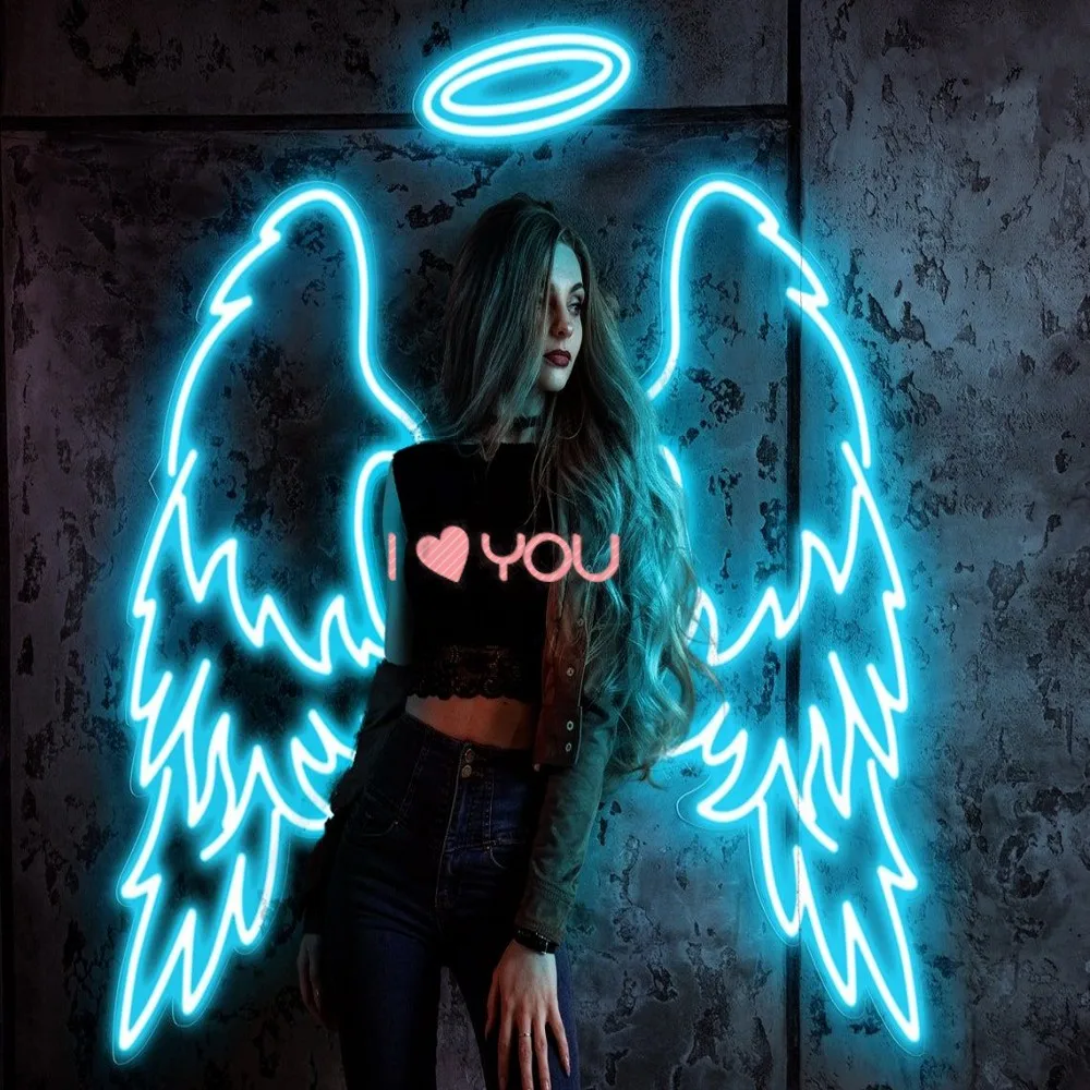 Angel Wings With Halo And Text LED Neon Sign - Nimbus Neon, Wedding Decor,Neon Wall Decor, Photo Zone, Neon Sign Custom