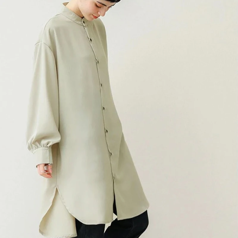 REALEFT-Vestidos camiseros cortos holgados para mujer, minivestido informal de manga larga abombada con cuello levantado y una botonadura, otoño 2025