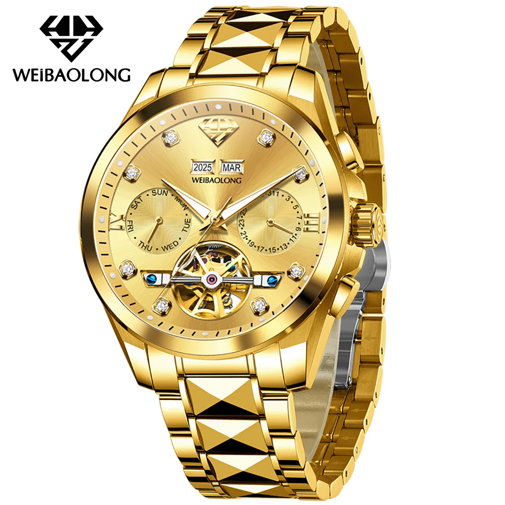 WEiBAOLONG Men's Watches High-end Luxury Real Diamond Watch Skeleton Flywheel Tungsten Steel Automatic Mechanical Man Watch 3801