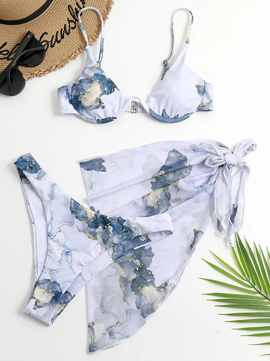 Tie Dye Bedrukte Badmode 3-delige Sexy Bikini 2023 Vrouwen Schouderbandjes Badpak Met Cover Up Rok Zomer Damesstrandkleding