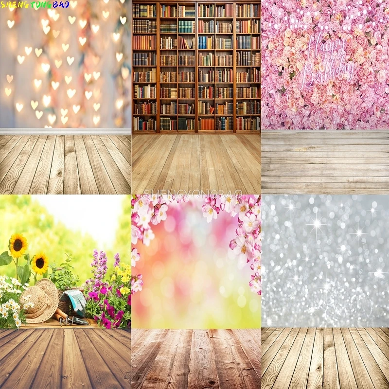 

Wall And Wooden Floor Digital Photography Backdrops Props Valentine's Day Roses Flower Bookshelf Festival Photo Background WA01