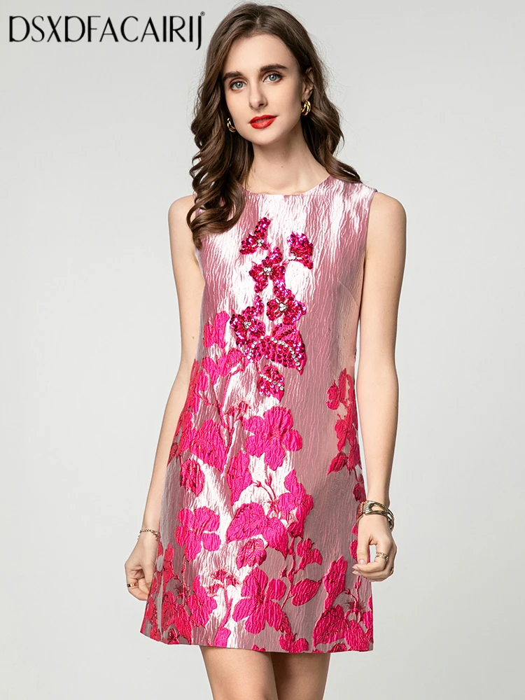 

DSXDFACAIRIJ Women's O-Neck Sleeveless Dress Slim Fit Sequin Beaded Jacquard Spring Summer New Fashion Short Dresses