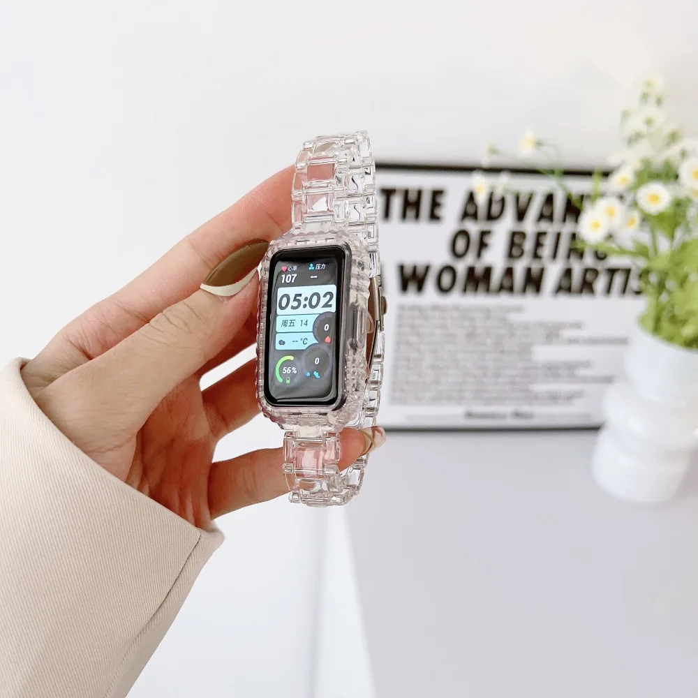 PC+Metal Watchband Imitation Ceramic Resin Anti Fall Watch Strap TPU Case Replaceable Watch Bracelet for Huawei Band 9/8/7/6