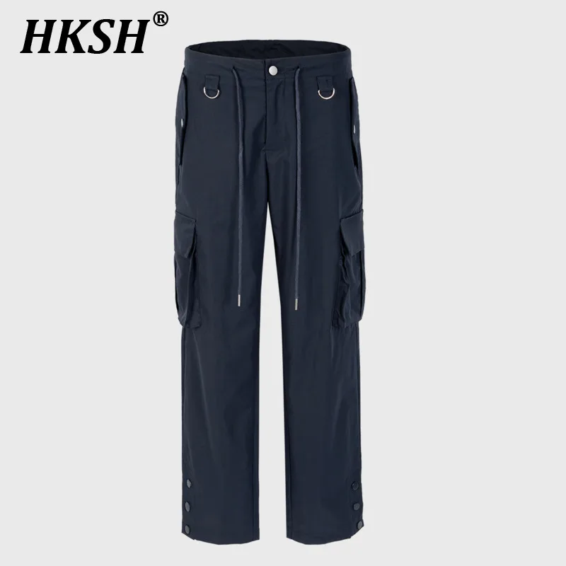 

HKSH Men's Tide Safari Style Multi Pocket Button Wide Leg Work Casual Cargo Pants Trend Women's Tactical Overalls Fashion HK0477