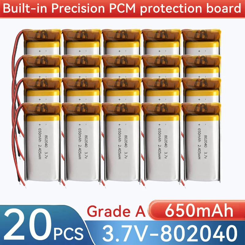 802040 650mAh 3.7V Rechargeable Lithium Li-ion Polymer Battery Compatible 302040 402040 502040 602040 702040 902040 102040