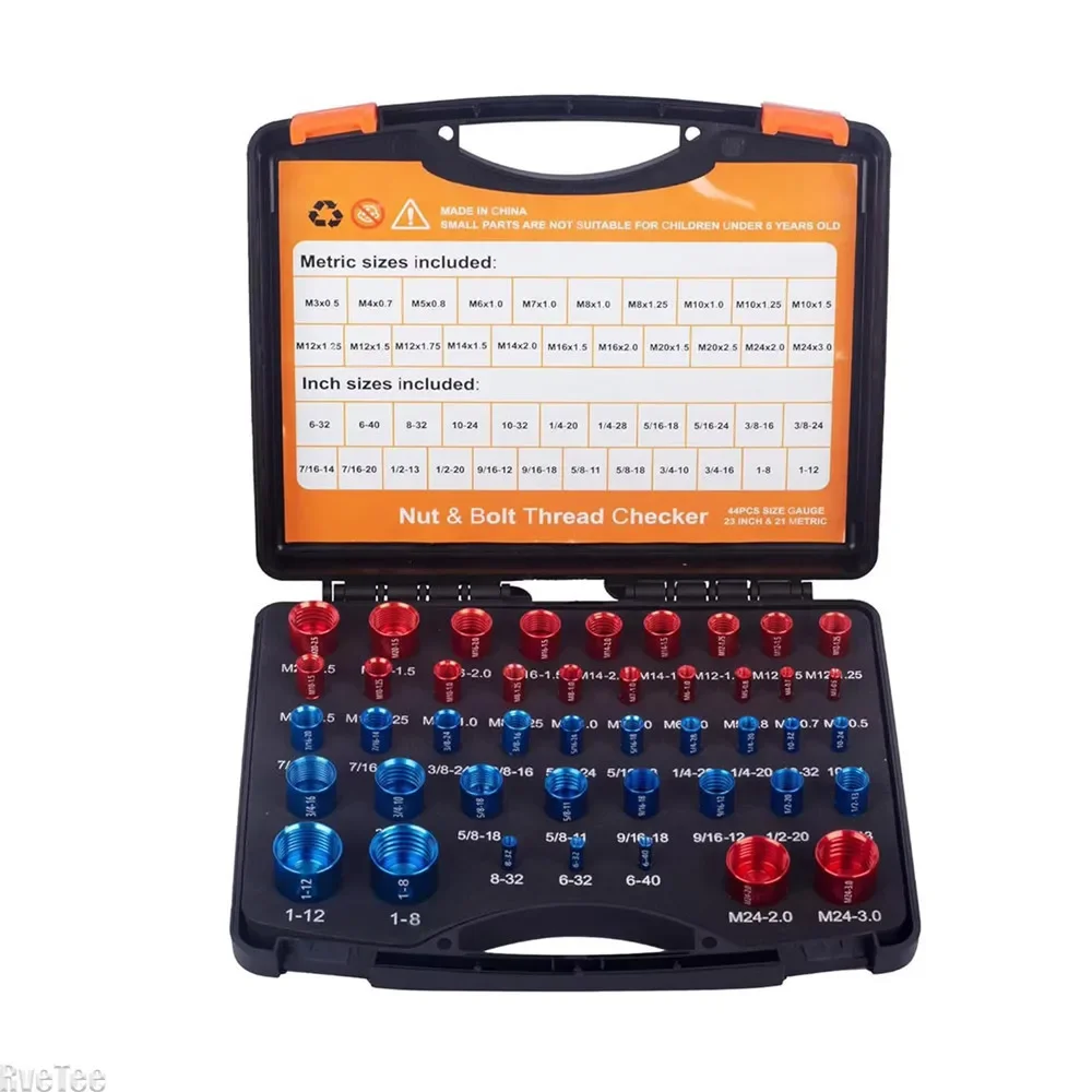 44PCS Thread Nut and Bolt Checker Carbon Steel Bolt Nut Identifier Measuring Gauge with Storage Box for Maintenance Repair Tool