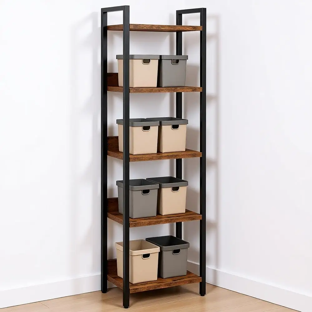 

5-Tier Bookcase, Small Space Storage Organizer, Living Room, Bedroom, Study, Balcony, Rustic Brown and Black