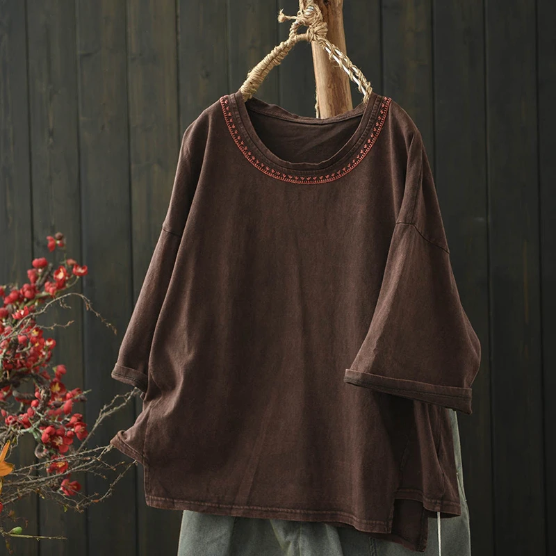 

100% Cotton Women Casual T-shirts New 2026 Summer Vintage Style O-neck Embroidery Loose Female Short Sleeve Tops Tees M2300