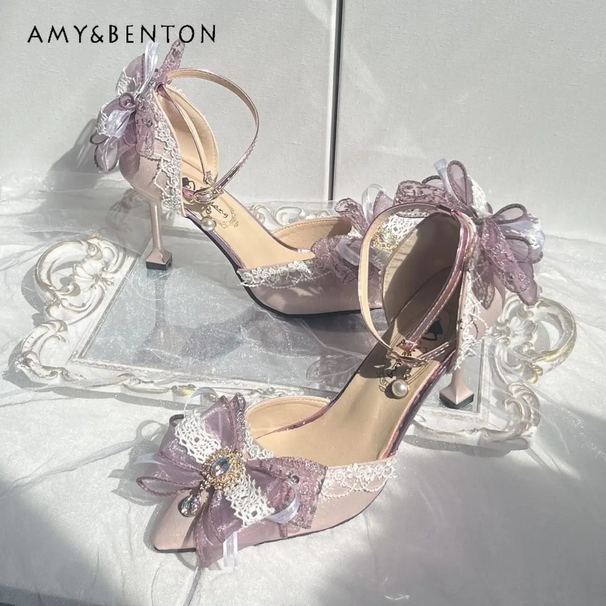 

French Ballet Style Lolita High Heels Pointed Toe Luxurious Elegant Beaded Rhinestone Pendant Lace Patchwork Stiletto High Heels