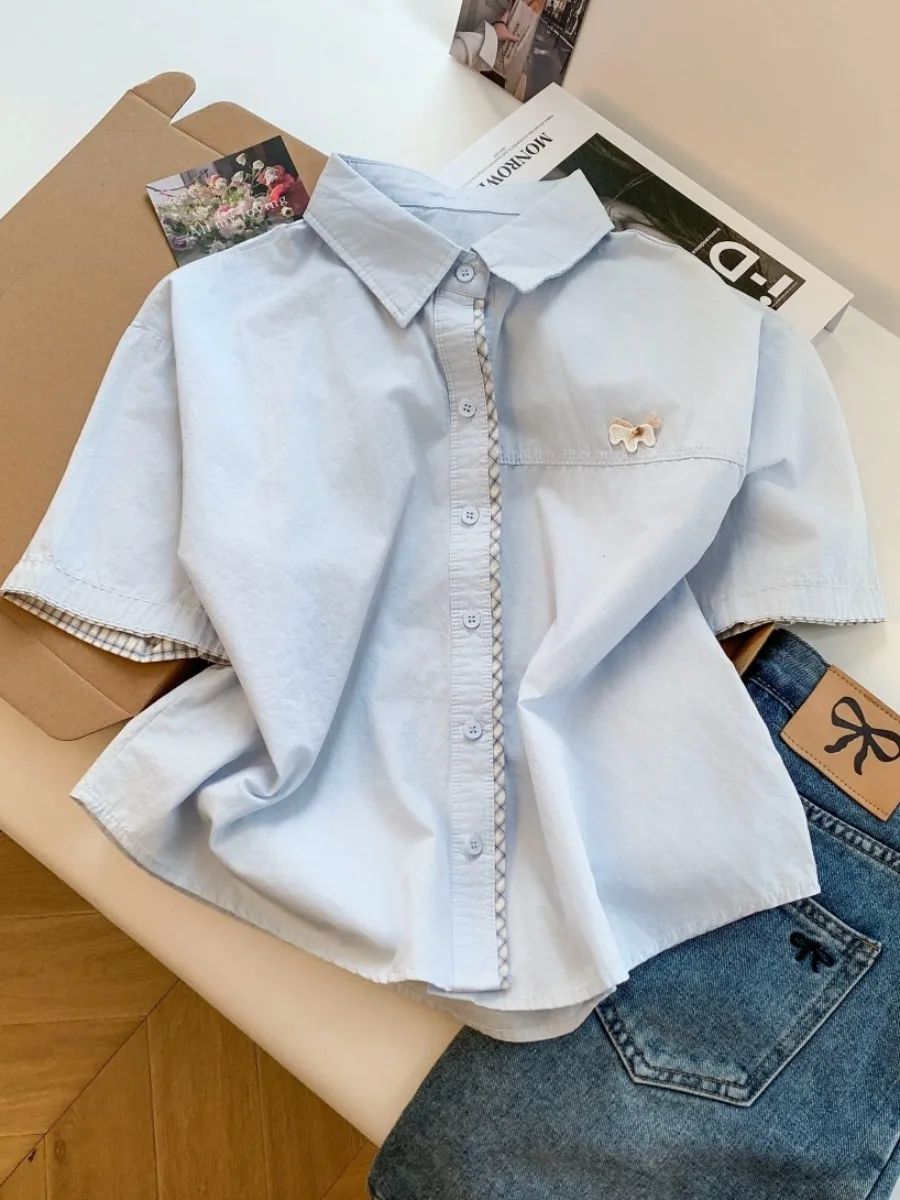 

Summer New Style Small Size College Style Collar Short Sleeve Shirt Women's Korean Style Plaid Patchwork Blue Shirt