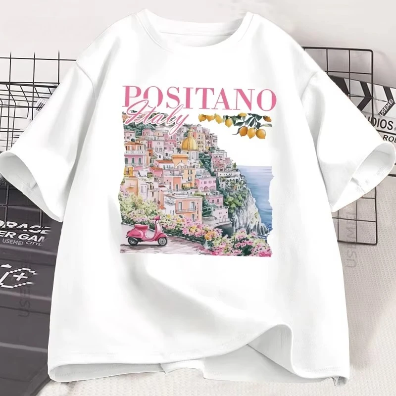 Positano إيطاليا تي شيرت خمر الإيطالية تي شيرت المتضخم لطيف المرأة الجرافيك المحملة الرجعية قصيرة الأكمام إيطاليا عطلة المحملة للجنسين #2