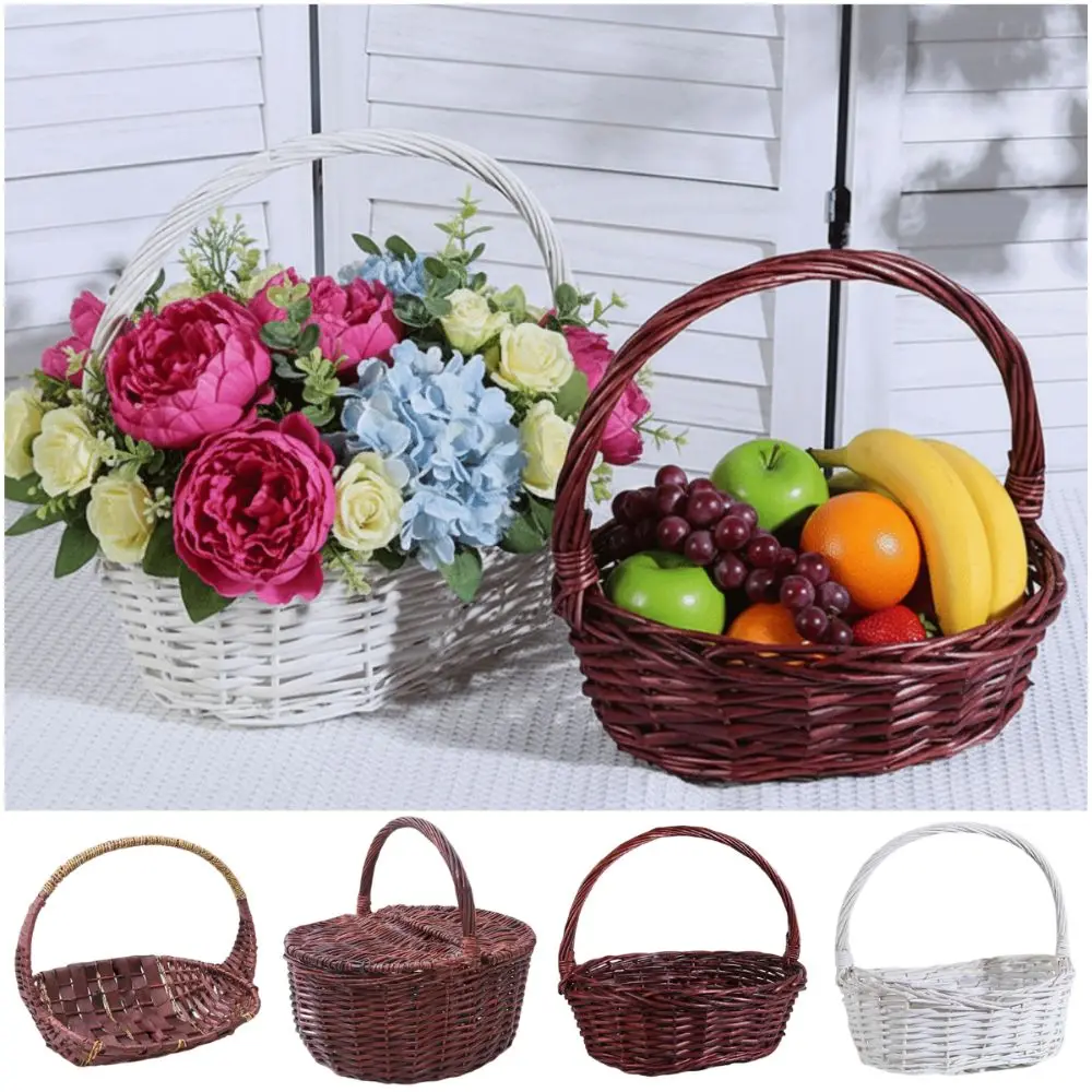 Useful Brown White Handhold Weaving Basket With Handle Oval Braided Basket Weaving Basket with Handle Home Storage
