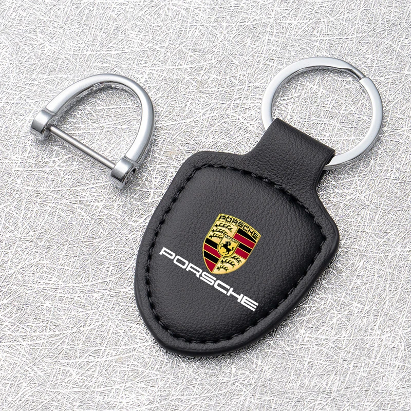 Llavero con emblema de cuero para coche, soporte de anillo para Porsche 918 911 718 Taycan Panamera Cayenne Boxster Cayman, accesorios para llavero de coche