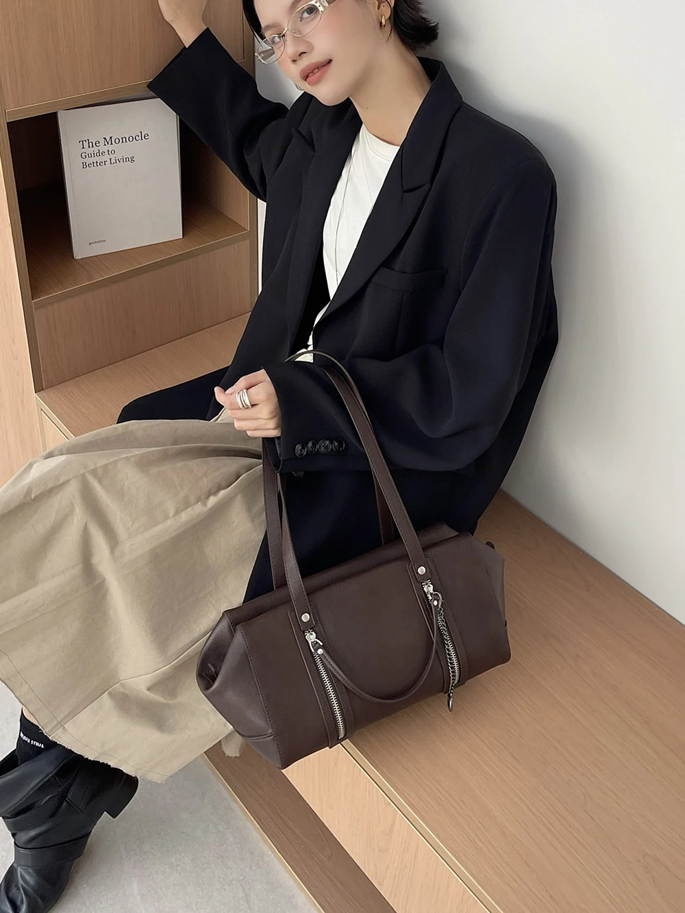 Vintage Pu Leather Women's Large-Capacity Pillow Bag, Double Zipper Commuter Shoulder Bag, Korean Style Long Handle Fashionable Boston Bag