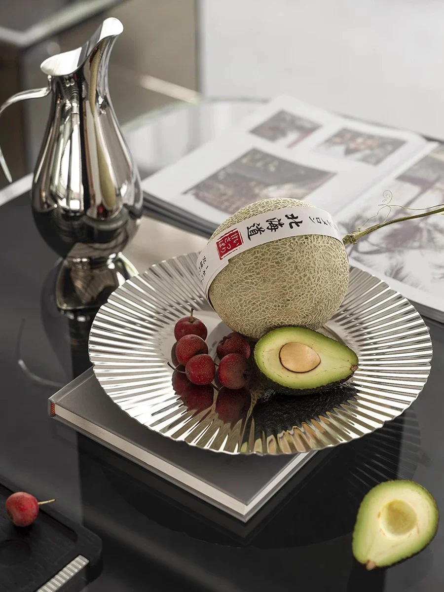 Stainless Steel Round Serving Tray, Striped Dessert Plate, Fruit Dish, Pie Cake, Home Decoration, Scandinavian Style