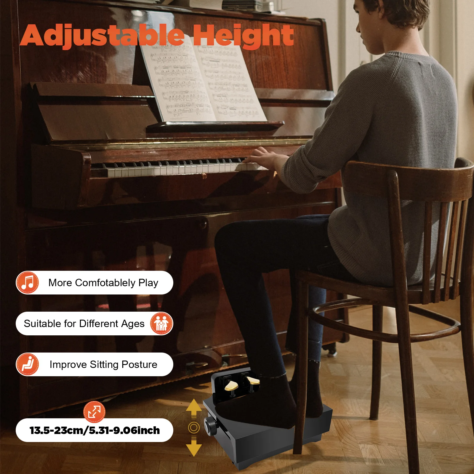 موسع دواسة البيانو لعمر 4-12 سنة من الخشب الحديدي PVC ارتفاع قابل للتعديل باللون الأسود على الطراز الحديث #4