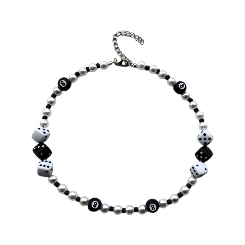 

European American Hip-hop Jewelry Acrylic Black 8 Dices Pearl Rice Bead Necklace Beaded Accessories Niche Clavicle Chain