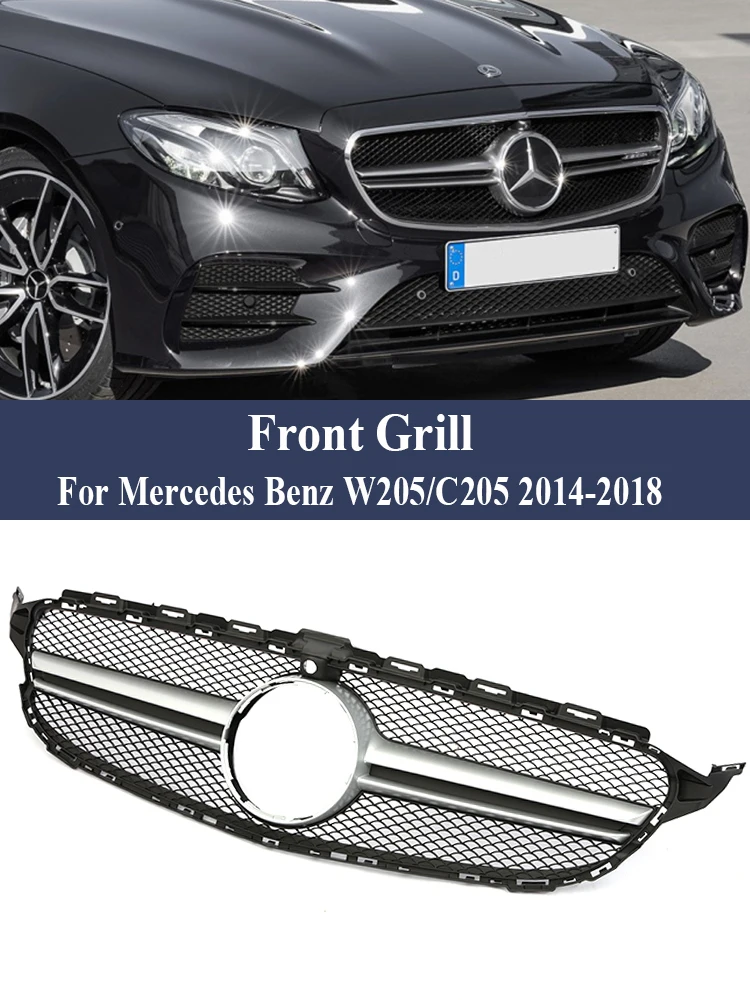 Front Bumper Racing Grill Diamond For Mercedes Benz C Class W205 2014-2018 AMG GT E63S Grille Silver Black C180 C200 C300 C350