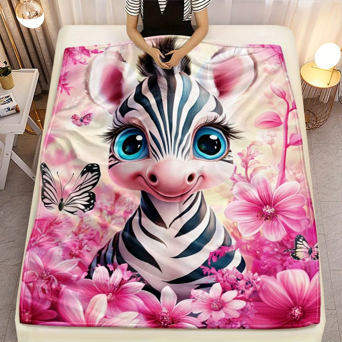 Cute Zebra Floral Fleece Blanket Pink Flowers Butterflies Animal Print Soft Flannel Throw Bed Cover Kids Room DecorGift forGirls