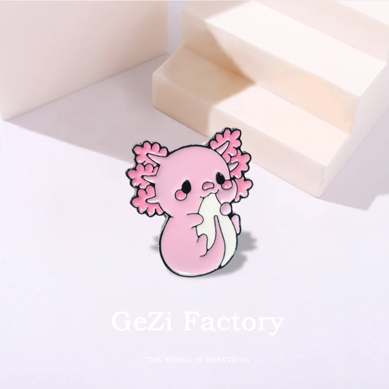 Axolotl Hexagon Enamel Pins Custom Cute Pink Kawaii Animal Brooches Lapel Badges Cartoon Jewelry Gift for Kids Friends