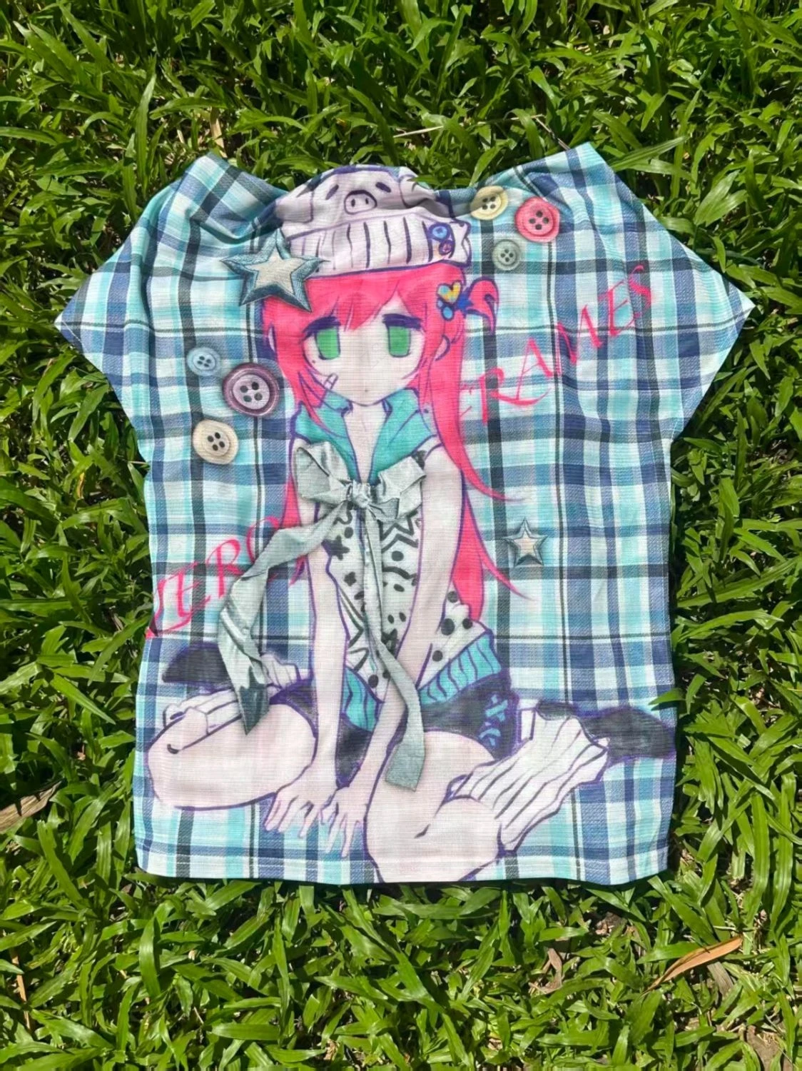 Harajuku Japanese Kawaii Cartoon Print T Shirts Subculture Cuteore Plaid Personality Short Sleeves Women Anime Casual T Shirts