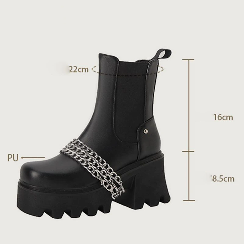 SIMLOVEYO Women Ankle Boots Round Toe 8.5cm Block Heel 4cm Platform Slip On Chain Decor Fashion Bota New Arrival Casual Hot Sale