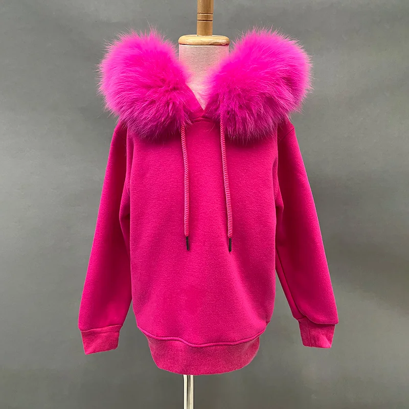 2024 Autumn Winter Hoodie Kids Fleece Pullover With Removable Real Fox Fur Hood Lady Sweater Jackets S6493