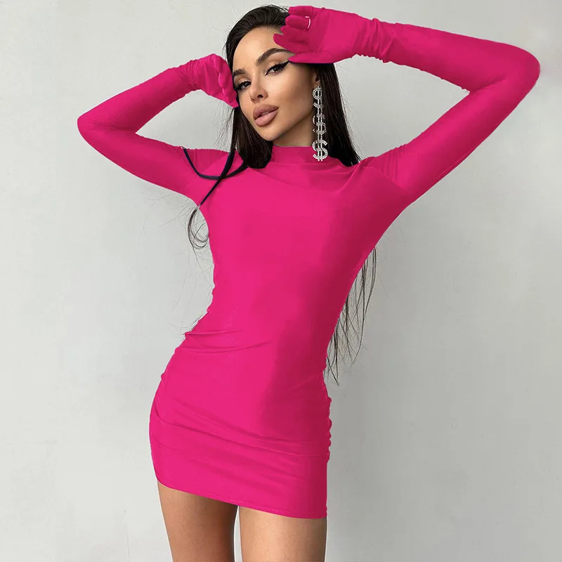Bangniweigou luva manga cheia fucshia mini vestido feminino bodycon o pescoço outono casual curto robe