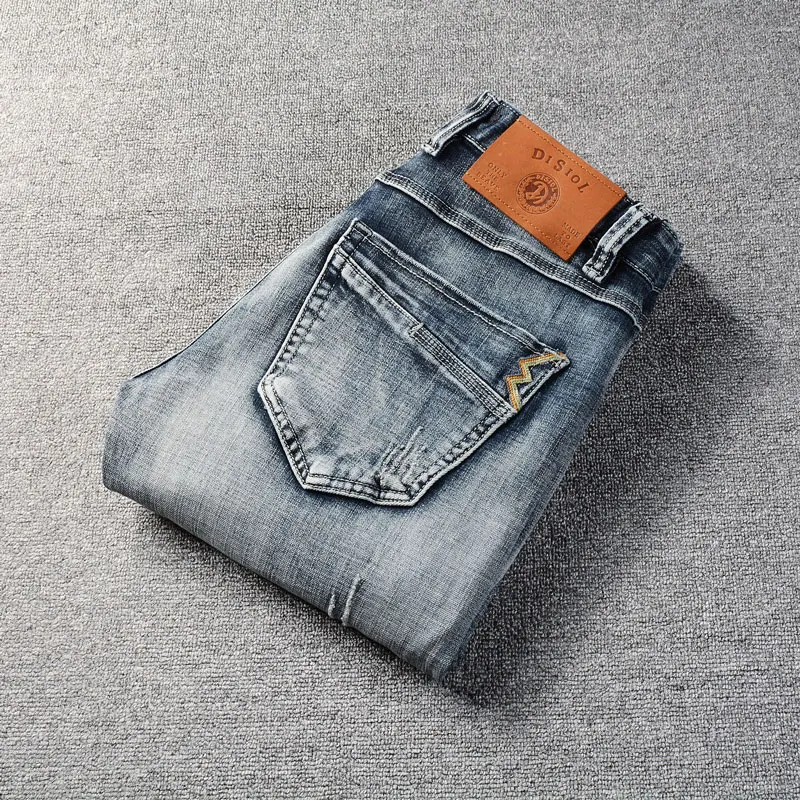 Fashion Designer Men Jeans High Quality Retro Blue Gray Stretch Slim Fit Ripped Jeans Men Embroidery Vintage Denim Pants Hombre