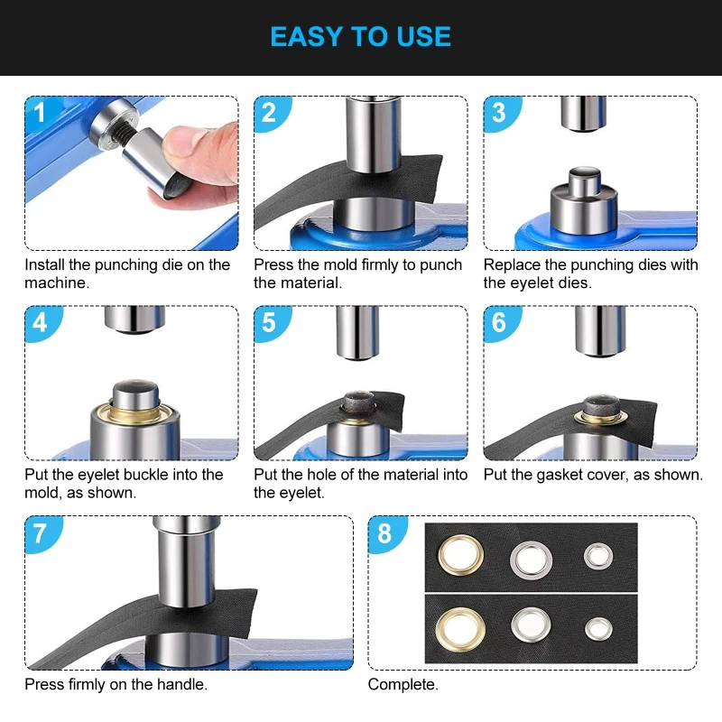 New Manual Grommet Eyelet Machine  DIY Hand Press Leathercraft Sewing Pressing Punch Tool 6/10/12mm Dies 1500pcs Grommets