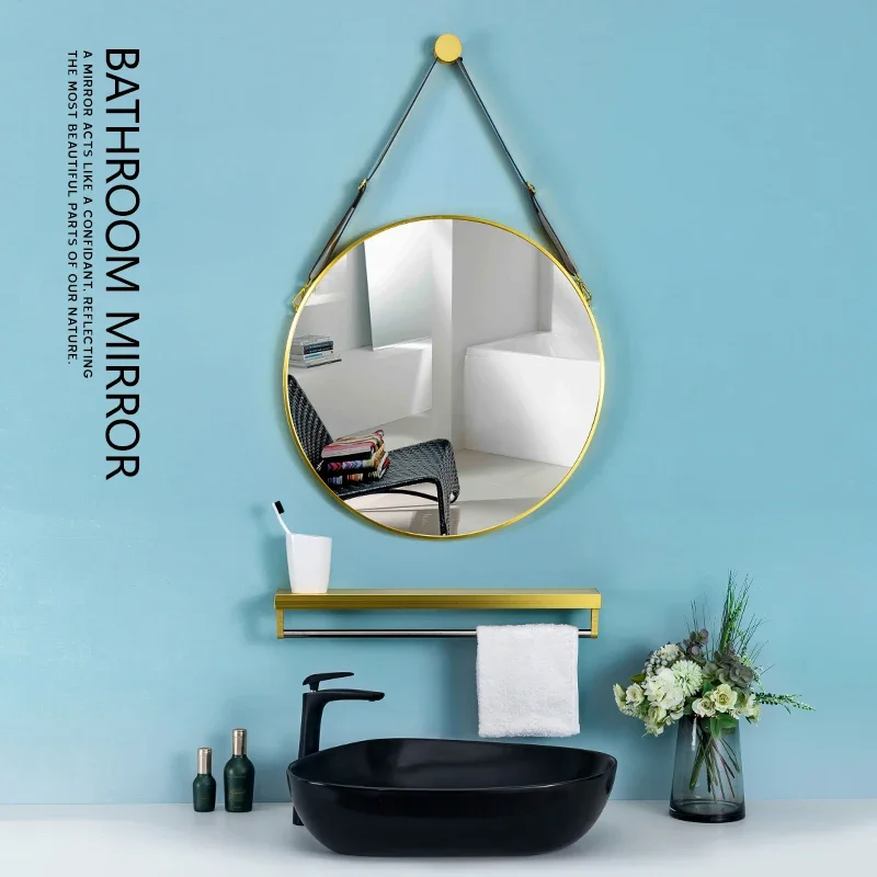 28inch Round Wall Mounted Mirror with Leather Strap and Wooden Shelf Boho Rustic Vanity Mirror for Bathroom Bedroom Living Room