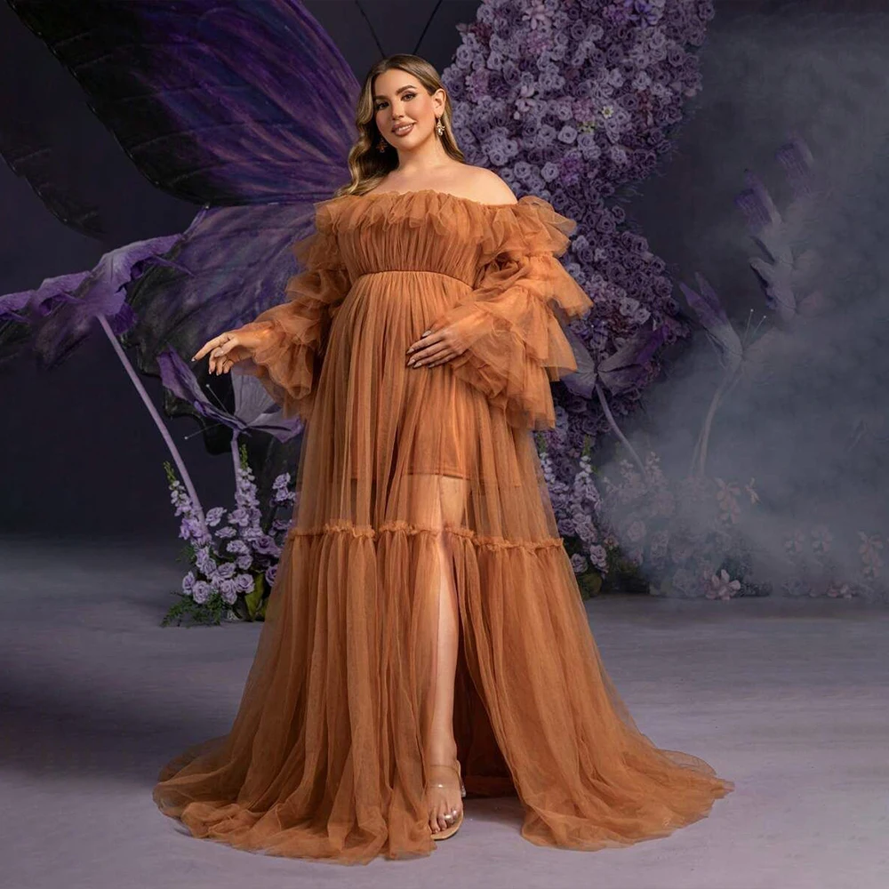 Women's Tulle Robes Pregnant Sleepwear Off Shoulder Long Sleeves Maternity Prom Party Gown Bride Dresses PhotoShoot Plus Size