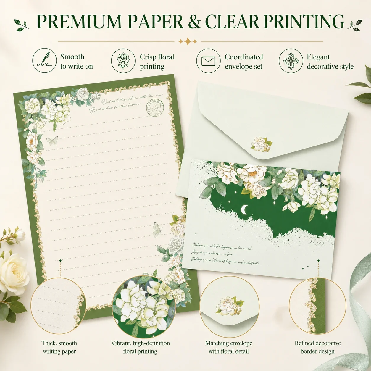 Gardenia Bloom Letter Writing Set, 4 Envelopes and 4 Lined Letter Papers, Floral Stationery for Wishes, Notes, Greeting Messages