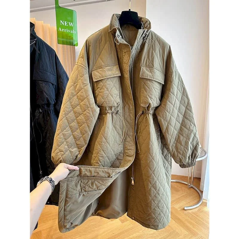 Quilted Coats Lightweight Cotton Added Jackets for Women Long Sleeved Knee-length Waisted Casual Vintage Winter Women Clothing