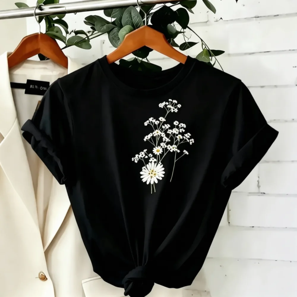 Womens Basic White T Shirt Daisy Graphic Print Cotton Loose Crewneck Short Sleeve Spring Summer Soft Daily Fashion Top Tee