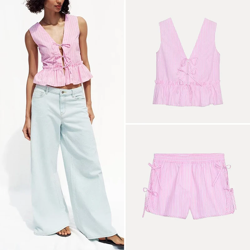 

Summer Faion Women's Knot Striped Top And orts Set Z Polyester Fiber V-Ne ort Sve Long Pants
