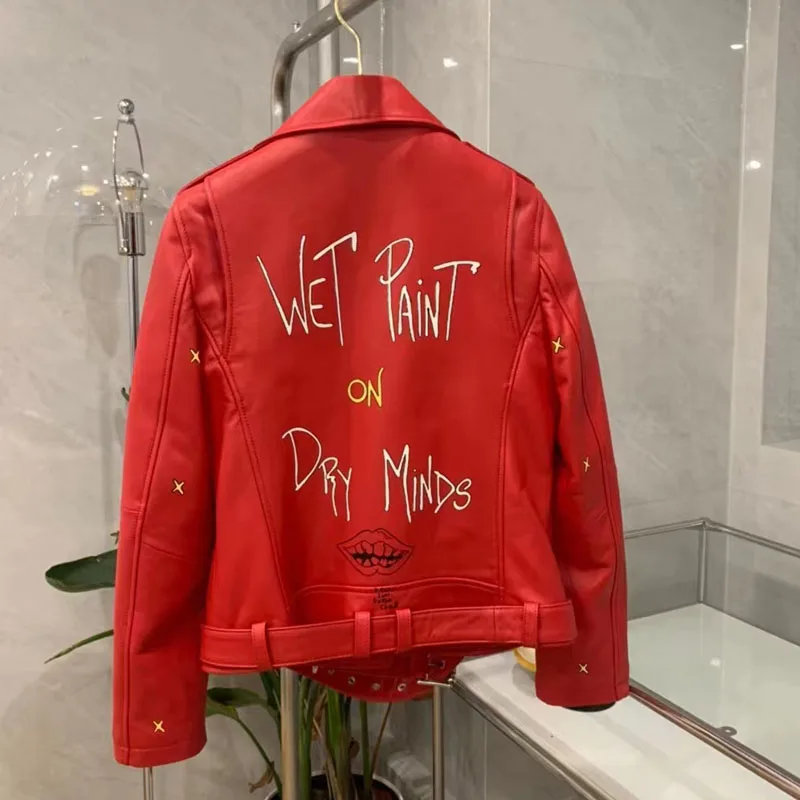 Red Color Coat Spring Autumn 2022 New Arrival Genuine Leather Jacket Import Real Sheepskin Clothes Pattern Of Letters Locomotive