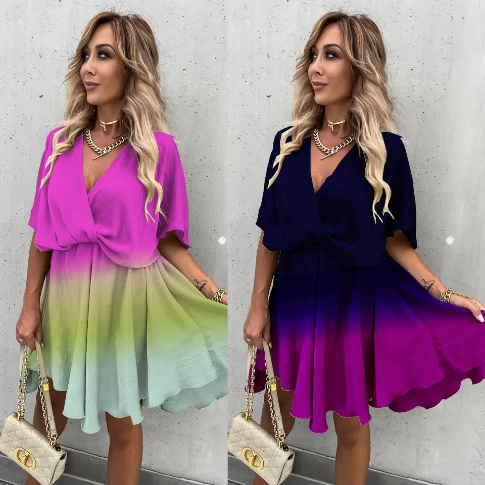 Women Spring and Summer New Gradual Change Loose Dress Casual Short Sleeve High Waist Mini Sexy Dress