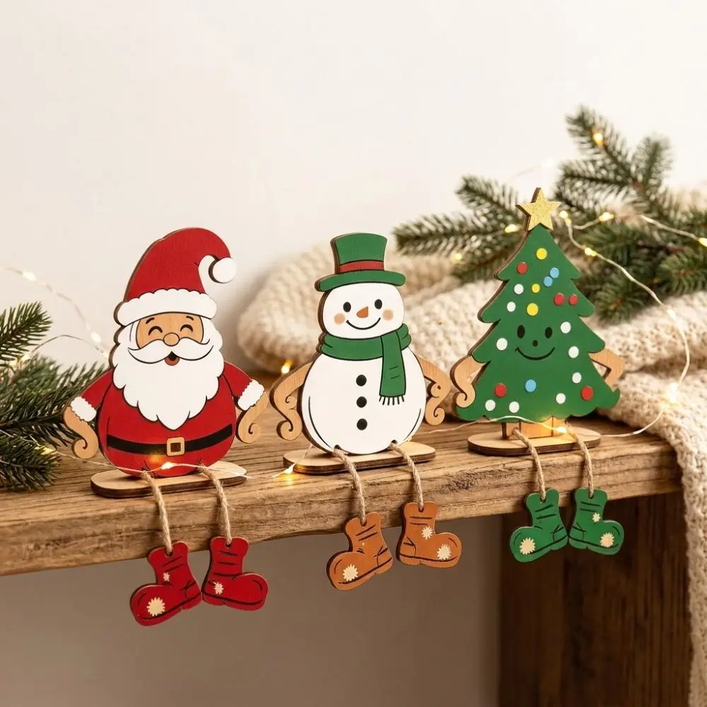 3Pcs Self Standing Santa Snowman Tree Ornament Stable Base Cartoon Style Dangling Leg Wood Figurine Vintage Rustic