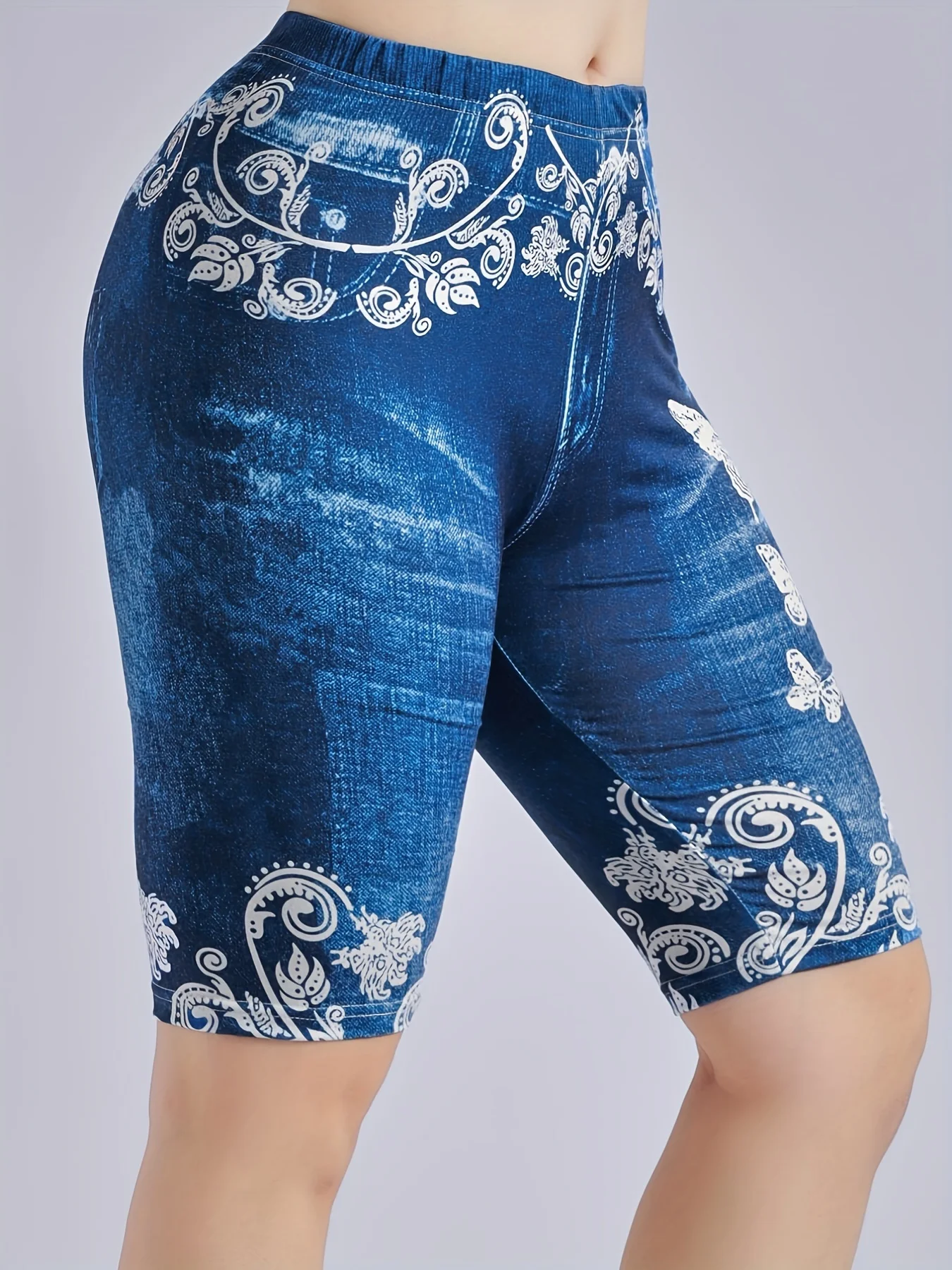 3 Piece Set Of Lmitation Denim Leggings For Women Butterfly Waist Fruit Flower Elastic Shorts High Waist Casual