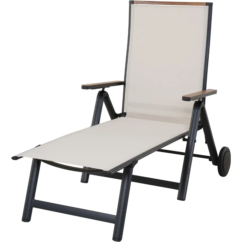 

Outdoor Chaise Lounge Chair with 6-Position Adjustable Sling Backrest, Aluminum Folding Portable Wood Grain Chair with Wheels f