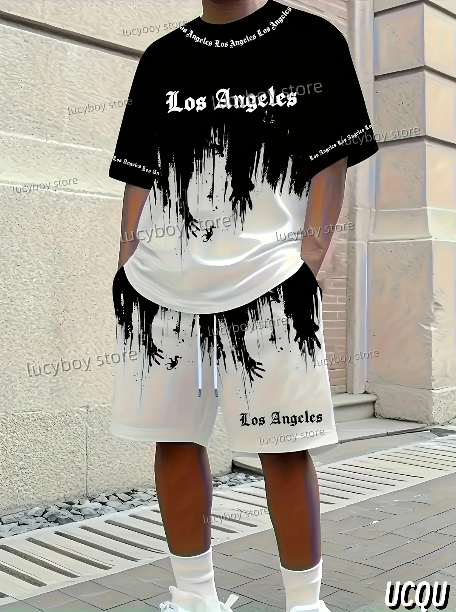 Summer Los Angeles Letter 3D Graffiti Pattern Men's Suit 2 Pieces Set Casual Suit Sports Set Men's Tracksuit Oversized Clothes