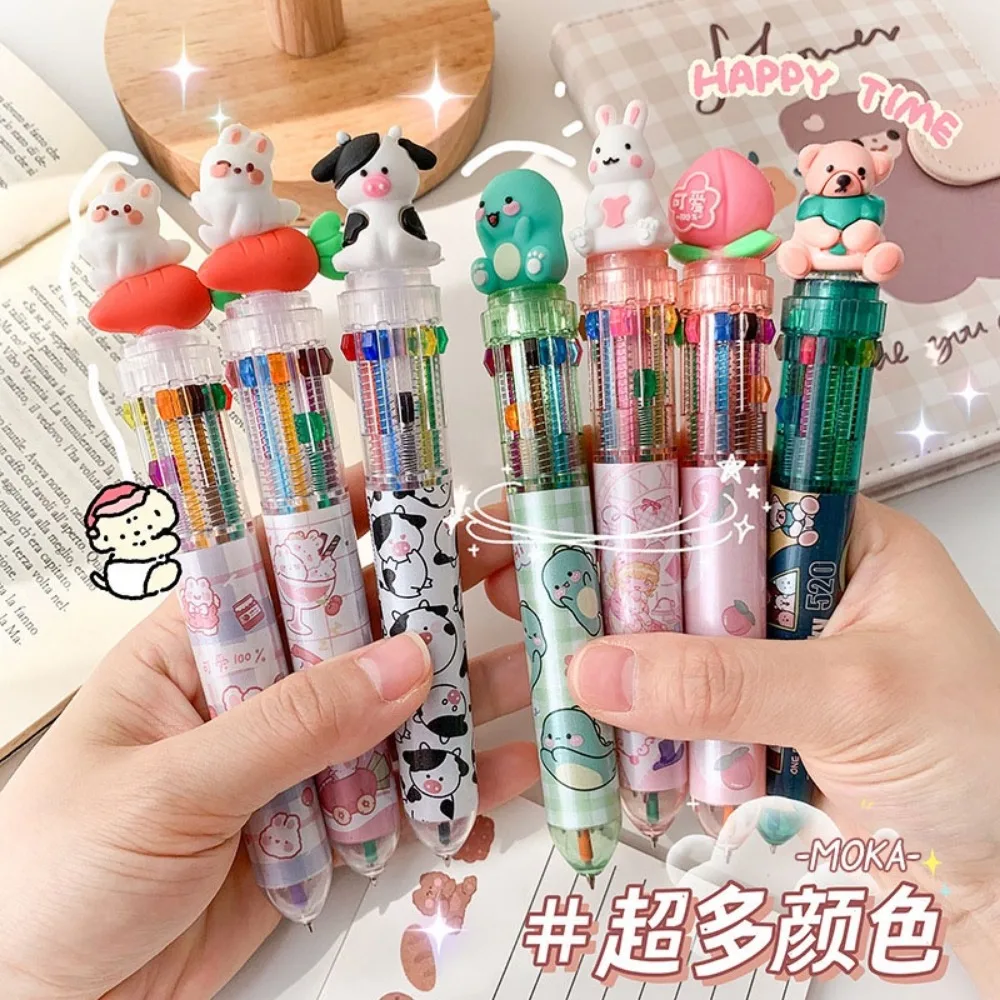 10 in 1 Multiple Colors Ballpoint Pen Cartoon 0.5mm Large Capacity Retractable ColorPen School Office Supplies Stationery